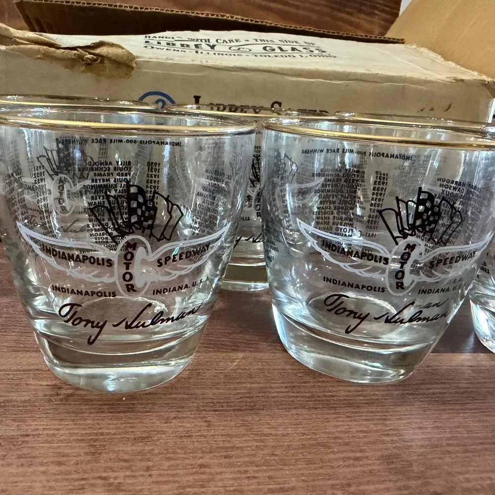 Vintage Indy 500 Winners Rocks Glass Set of 6 Tony Hulman Signed Gold Rim in Box